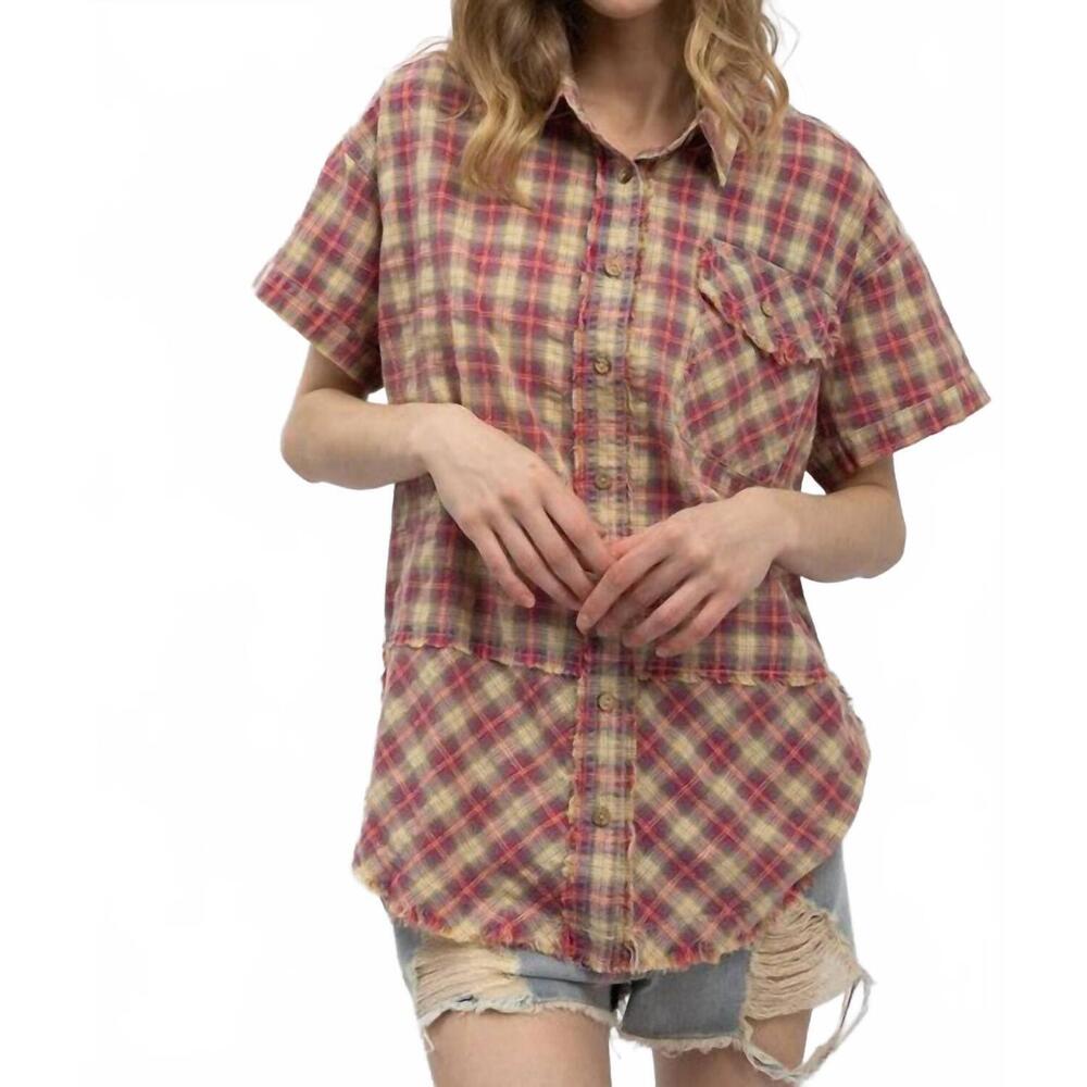 NEW BLUE VELVET forever washed flannel short sleeve shirt in burgundy plaid